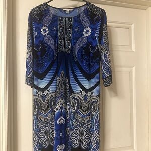 Blue, white and black dress.